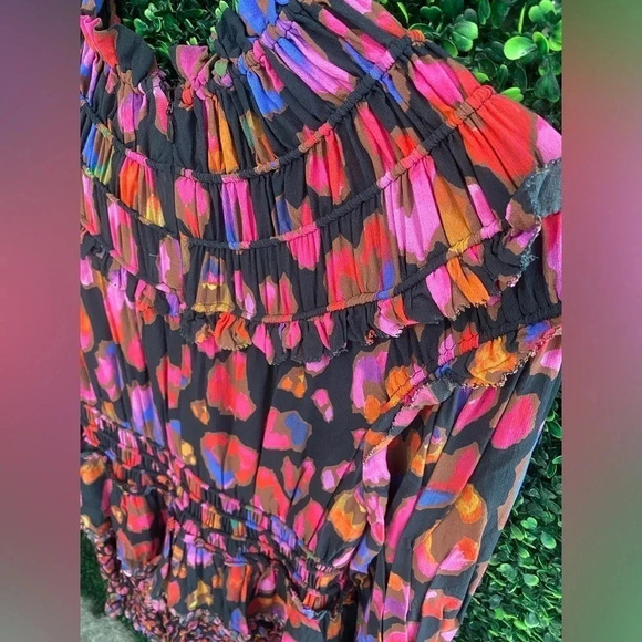 Farm Rio Anthropologie Iridescent Leopards Black Ruffled Dress - Size Small - Picture 12 of 16